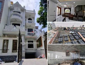 Thi công sàn vượt nhịp 7m nhà tân cổ điển 3 tầng 1 tum nội thất gỗ ở Bình Chánh