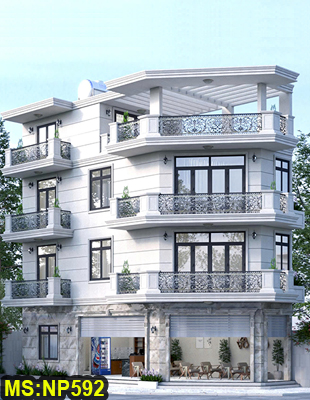 Thiết kế nhà mái bằng 3 tầng 2 mặt tiền tân cổ điển hiện đại 5x14m có thang máy và kết hợp quán cafe ở Quận 12
