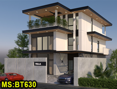 Mẫu thiết kế biệt thự mái bằng 3 tầng hiện đại 8x17m có sân vườn & gara ô tô mái che vườn ở Thuận An