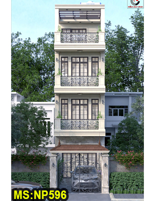 Mẫu thiết kế nhà ống tân cổ điển 3 tầng 1 tum 4x18m có sân trước đổ ô tô 6m ở P. Thới An