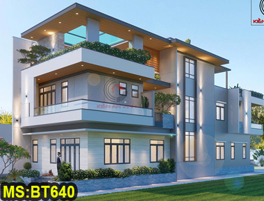 Mẫu thiết kế biệt thự hiện đại 2 tầng 1 tum 8x17m có thang máy mặt tiền tích hợp cây xanh