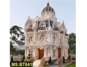 Mẫu thiết kế biệt thự lâu đài 2 tầng 1 áp mái tân cổ điển mặt tiền hoa văn tinh xảo ở Củ Chi