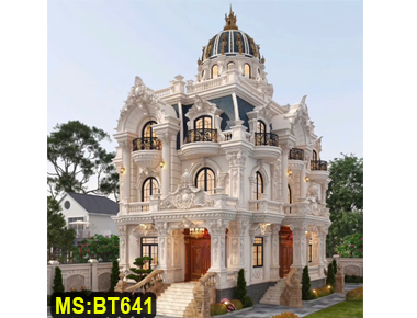 Mẫu thiết kế biệt thự lâu đài 2 tầng 1 áp mái tân cổ điển mặt tiền hoa văn tinh xảo ở Củ Chi